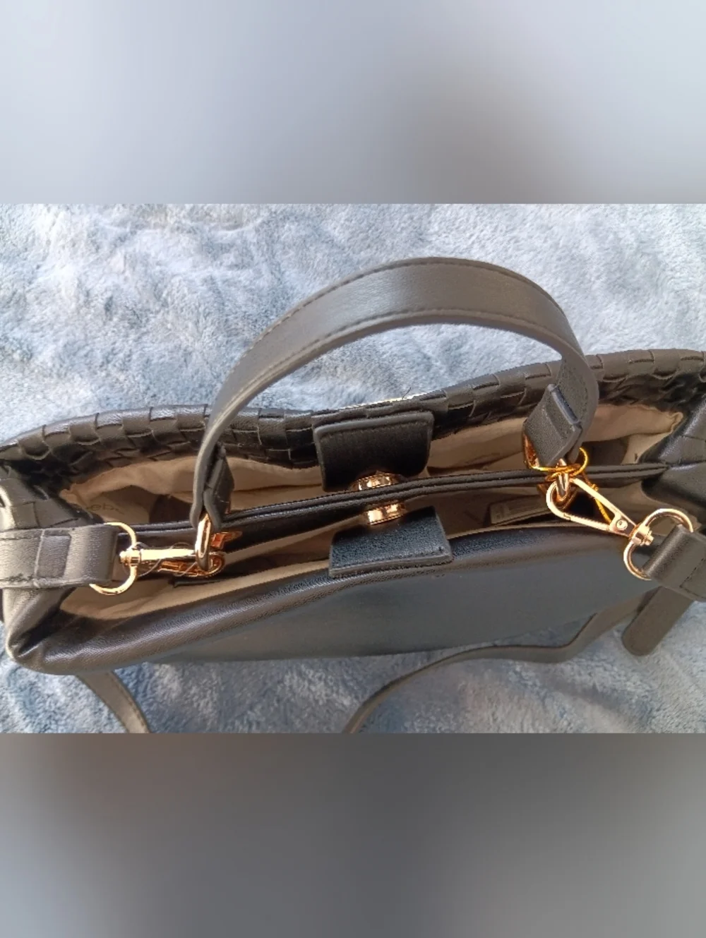 bebe Black Woven Satchel with Gold Logo - Picture 4 of 7